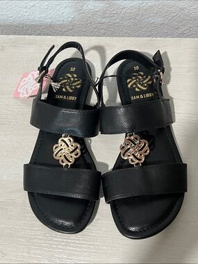 Sam & Libby Black  Sandals with Gold Medallion for women Size 10